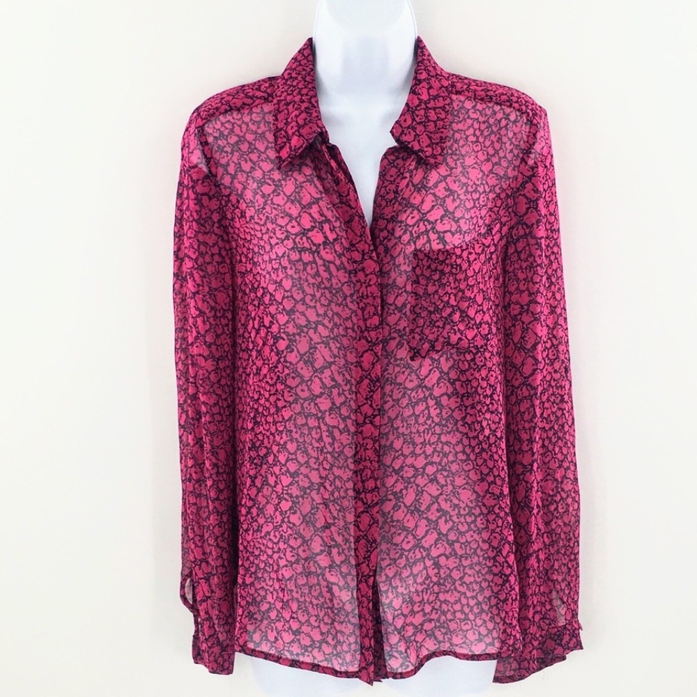 Diane Von Furstenberg Silk Blouse Black Purple Button Front Long Sleeve Top Sz 2